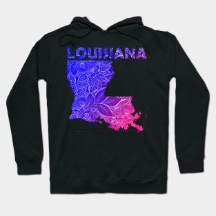 Colorful mandala art map of Louisiana with text in blue and violet Hoodie